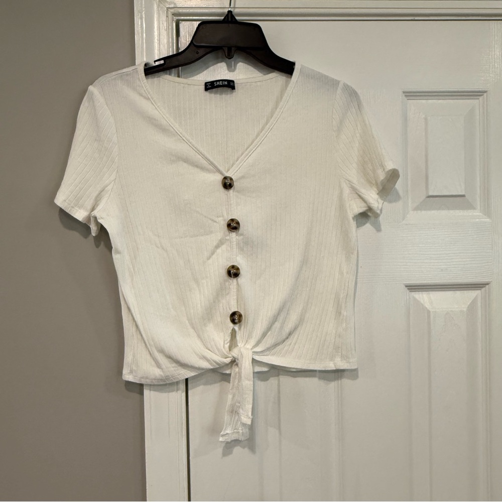 SHEIN Ribbed White Button-Down Tie Front Top Short Sleeve Shirt Small Womens